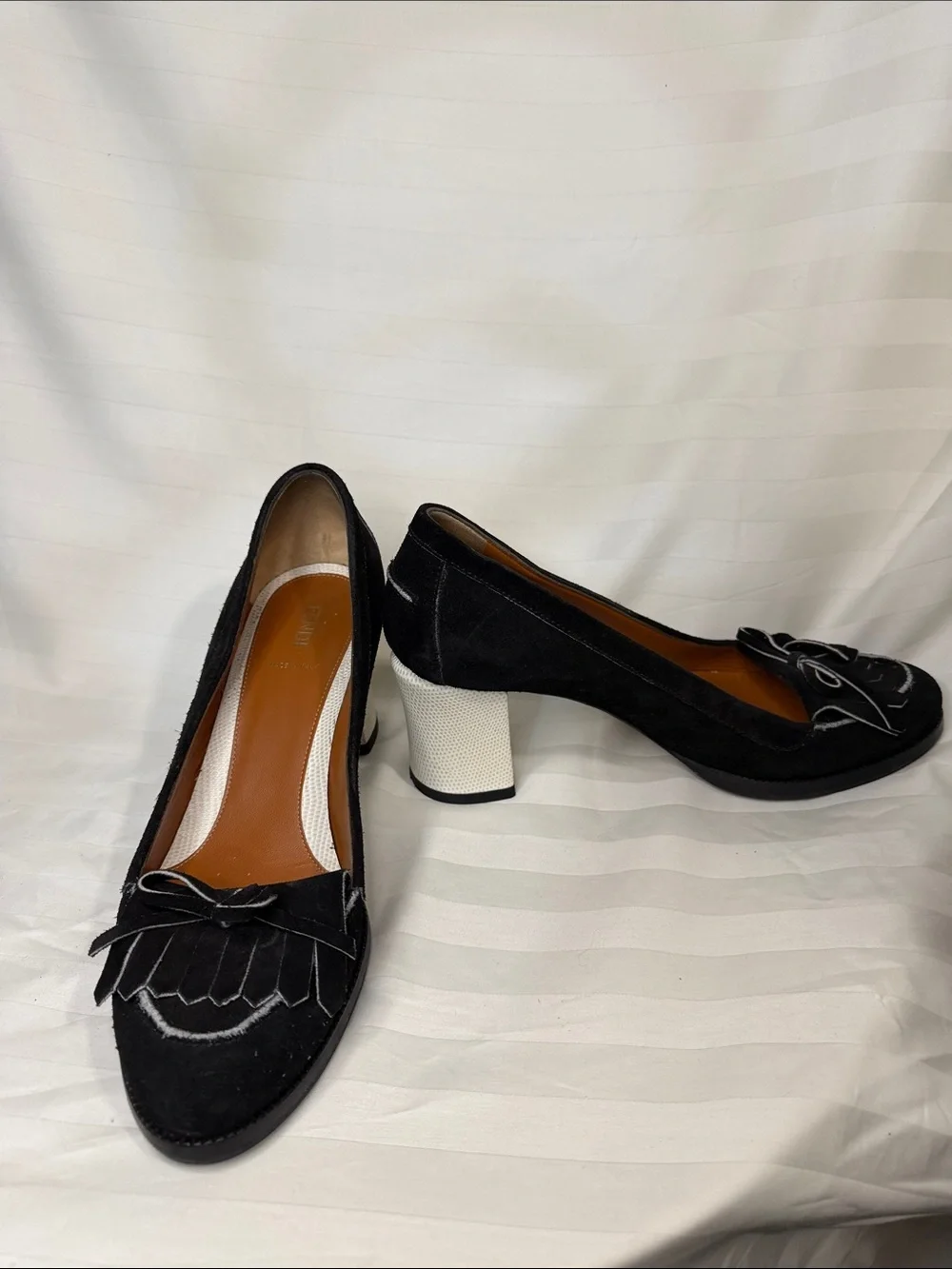 Fendi Black Suede with White Heel Kiltie Loafers with Bow Detail - Size 41